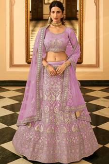 Purple resham embroidery organza semi stitched lehenga