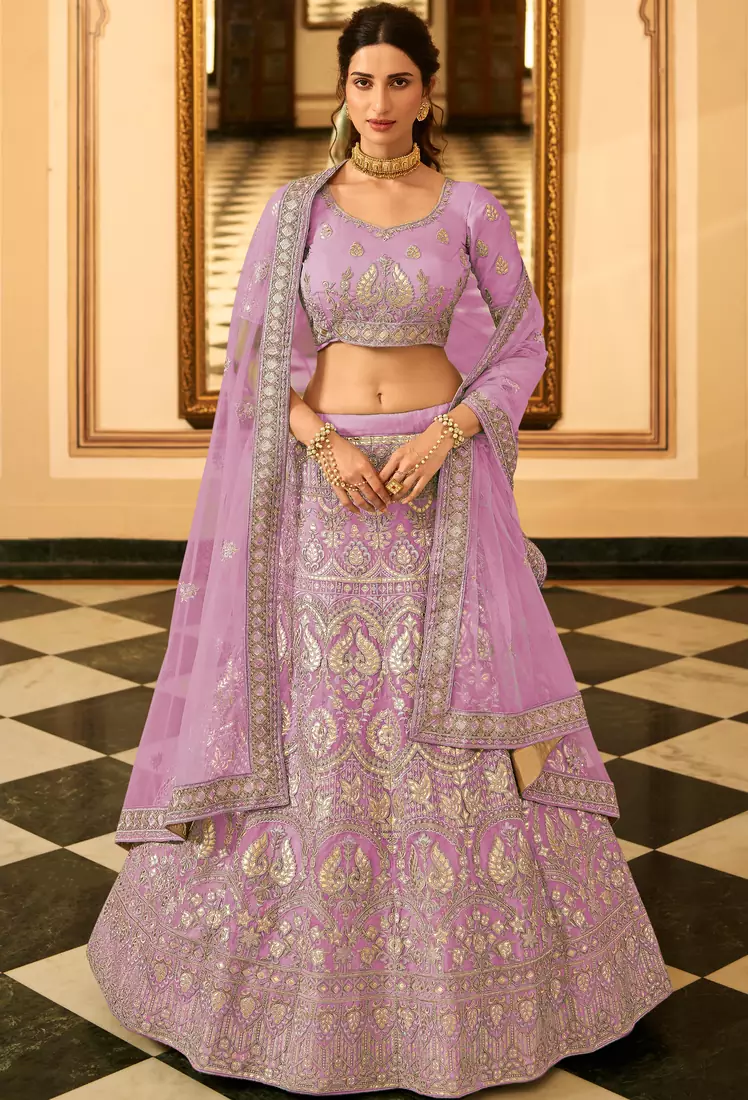 Purple resham embroidery organza semi stitched lehenga