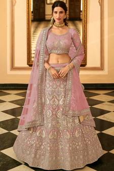 Light-purple resham embroidery organza semi stitched lehenga