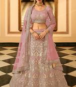 Light-purple sequins, resham, zari, dori, zarkan, gota, embroidered organza Semi Stitched Lehenga