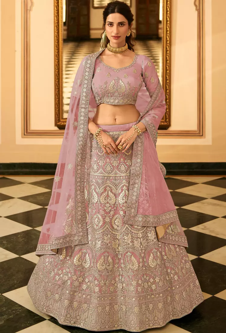 Light-purple resham embroidery organza semi stitched lehenga