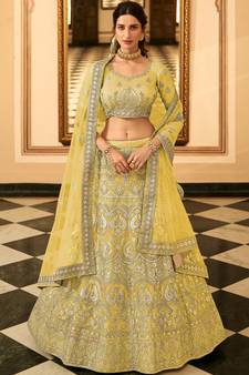 Yellow resham embroidery organza semi stitched lehenga