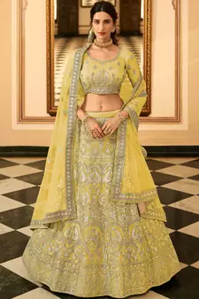 Yellow resham embroidery organza semi stitched lehenga