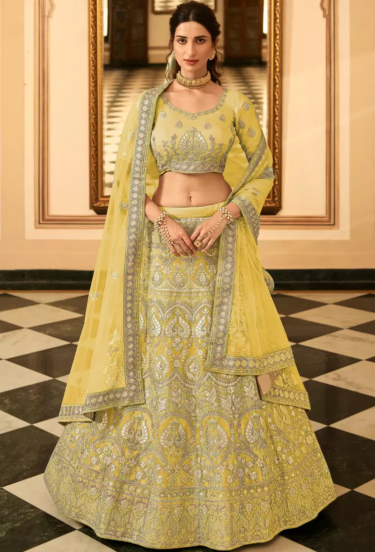 Yellow resham embroidery organza semi stitched lehenga