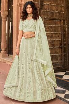 Light-green thread embroidery organza semi stitched lehenga