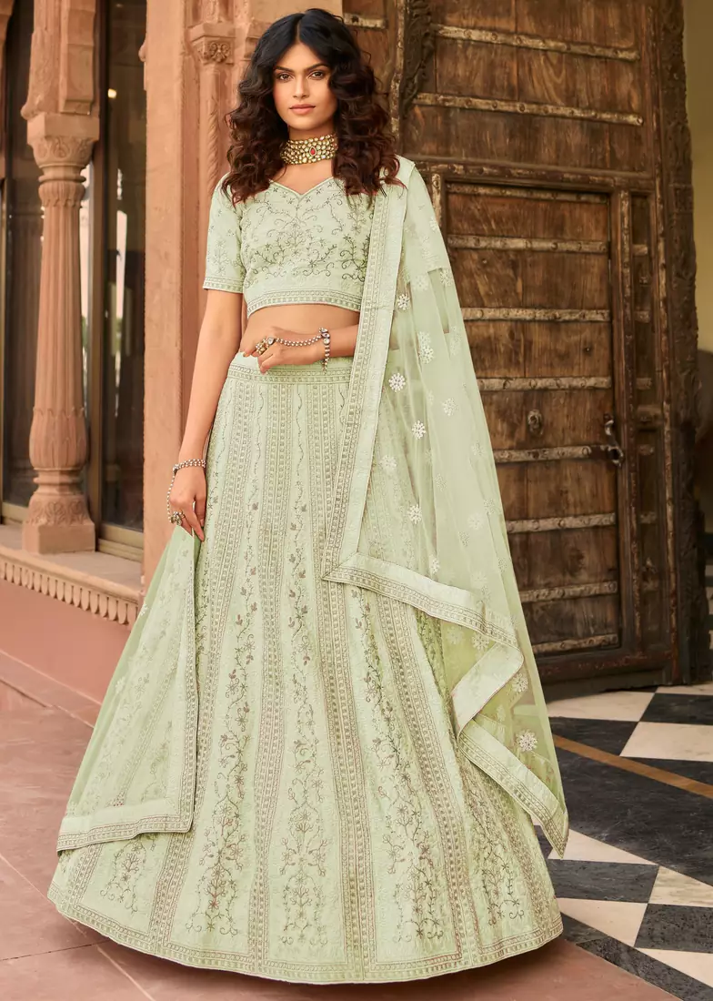 Light-green thread embroidery organza semi stitched lehenga