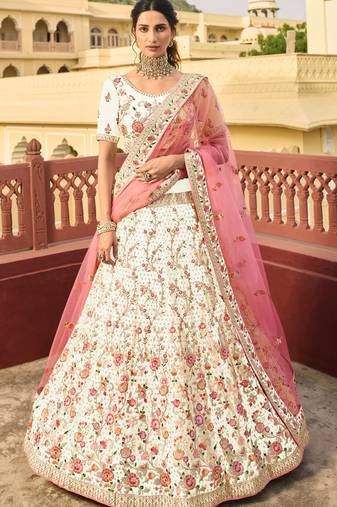 White thread embroidery organza semi stitched lehenga