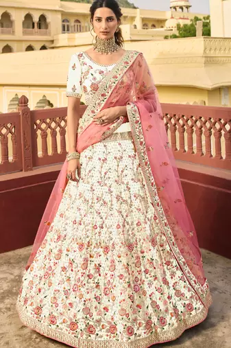 White thread embroidery organza semi stitched lehenga
