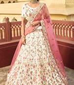 White dori, swarovski, thread, zarkan, zari, embroidered organza Semi Stitched Lehenga