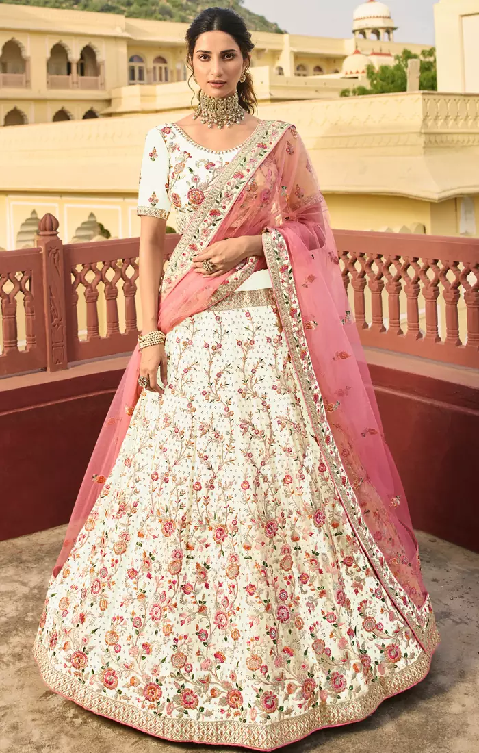 White thread embroidery organza semi stitched lehenga