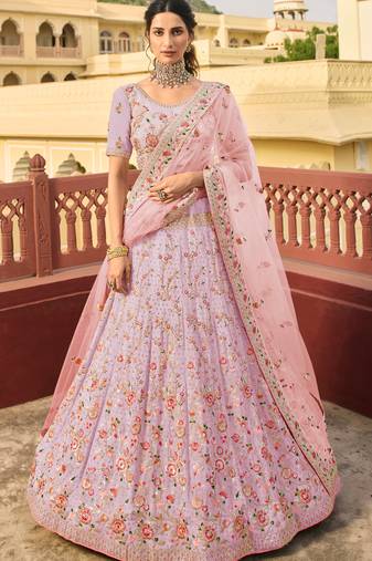Light-purple thread embroidery organza semi stitched lehenga