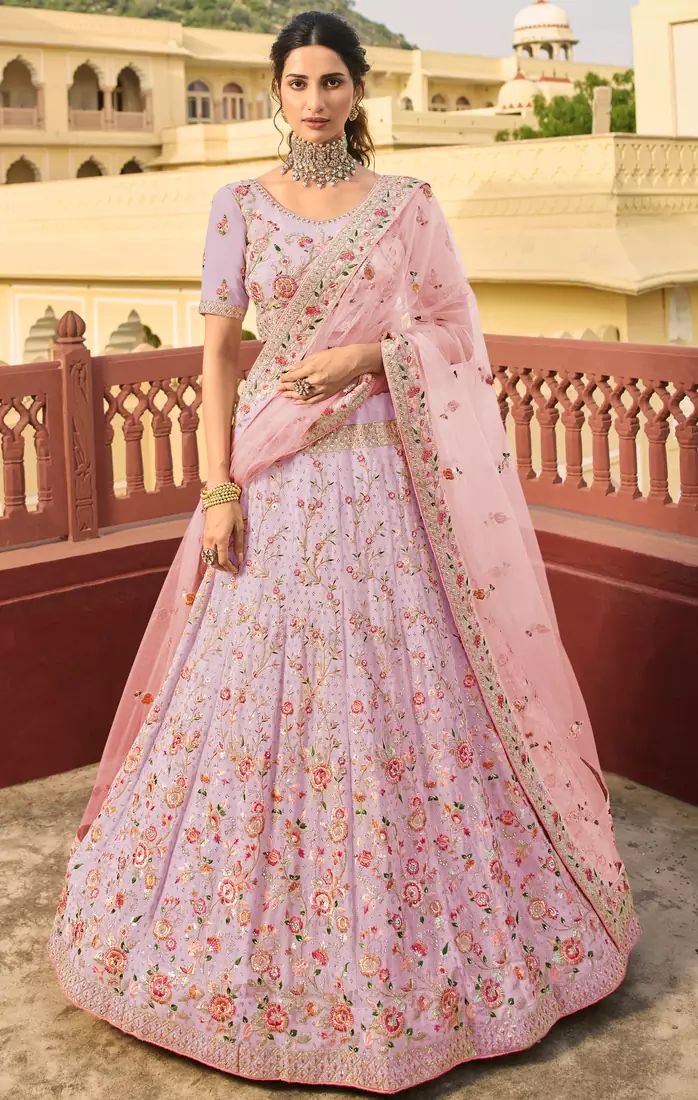 Light-purple thread embroidery organza semi stitched lehenga
