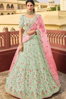 Light-green thread embroidery organza semi stitched lehenga