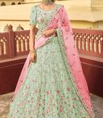 Light-green dori, swarovski, thread, zarkan, zari, embroidered organza Semi Stitched Lehenga