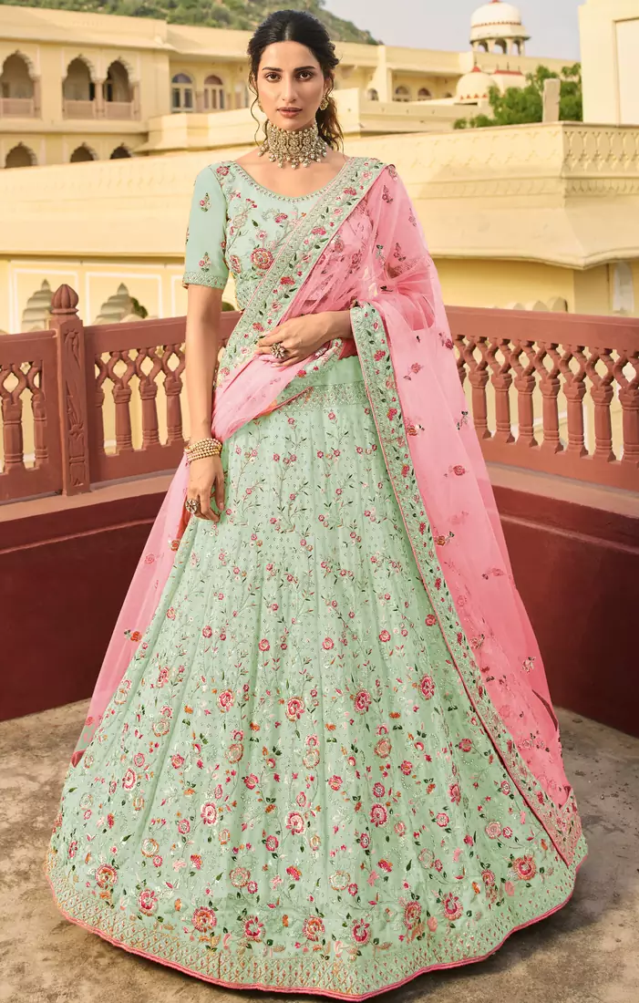 Light-green thread embroidery organza semi stitched lehenga