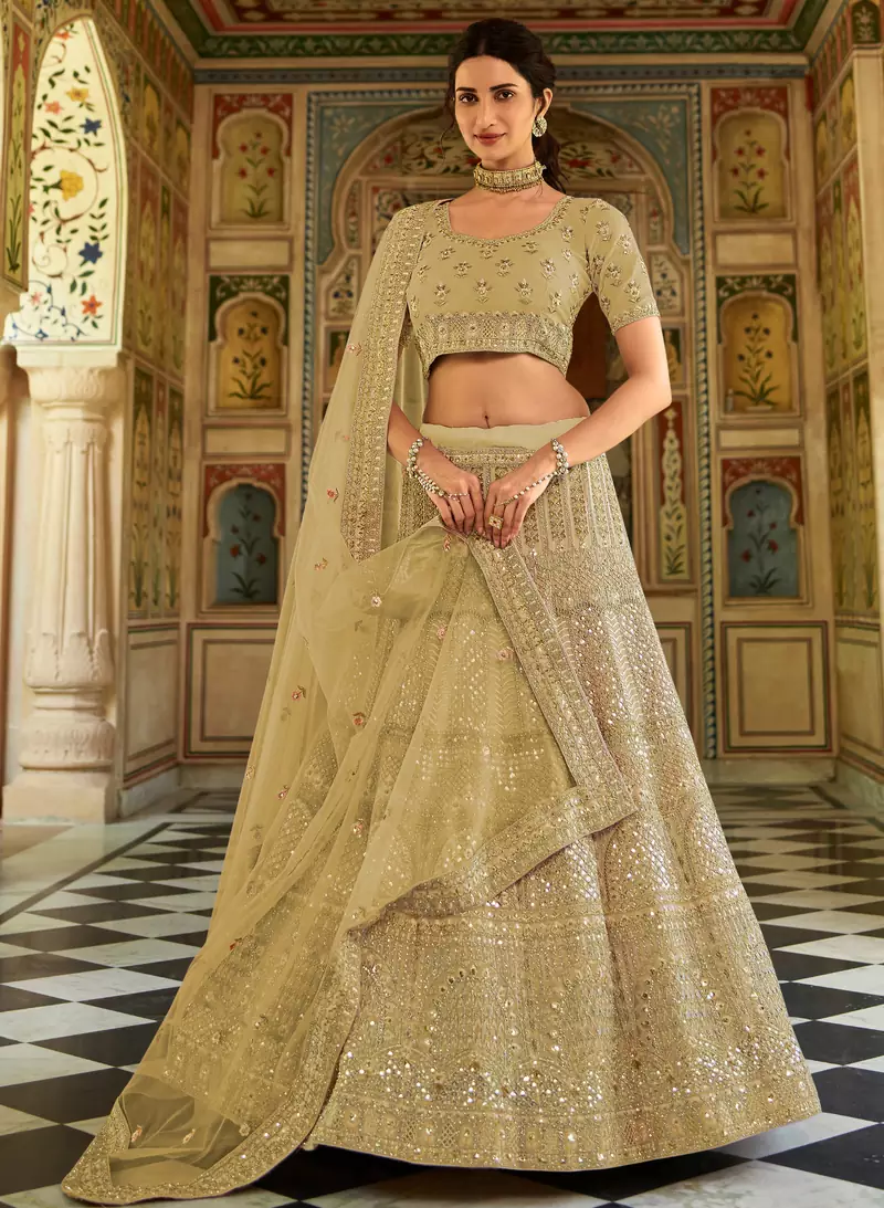 Dark-beige thread embroidery organza semi stitched lehenga