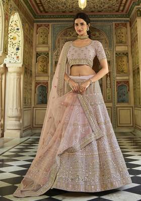 Light-pink sequins, dori, zarkan, zari, thread, embroidered organza Semi Stitched Lehenga 1