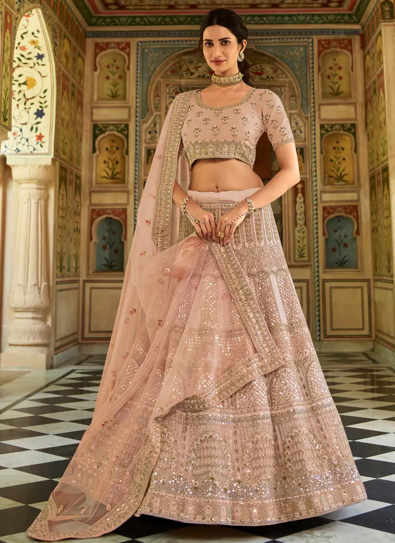 Light-pink thread embroidery organza semi stitched lehenga