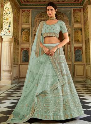 Light-turquoise sequins, dori, zarkan, zari, thread, embroidered organza Semi Stitched Lehenga 1