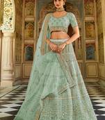 Light-turquoise sequins, dori, zarkan, zari, thread, embroidered organza Semi Stitched Lehenga