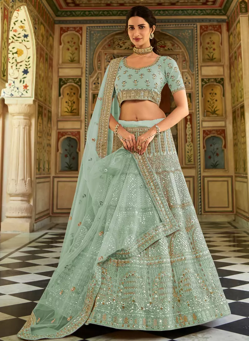 Light-turquoise thread embroidery organza semi stitched lehenga
