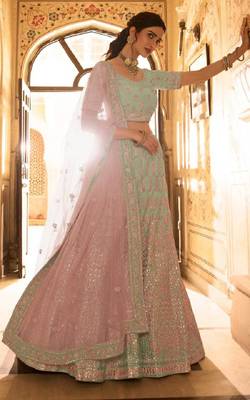 Light-green sequins, zari, swarovski, zarkan, embroidered art Silk Semi Stitched Lehenga 1