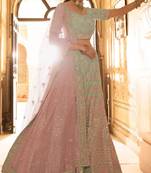 Light-green sequins, zari, swarovski, zarkan, embroidered art Silk Semi Stitched Lehenga