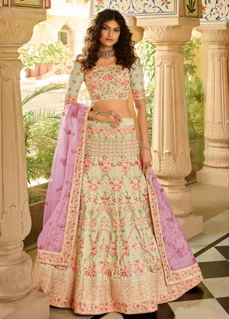 Light-green sequins art silk semi stitched lehenga