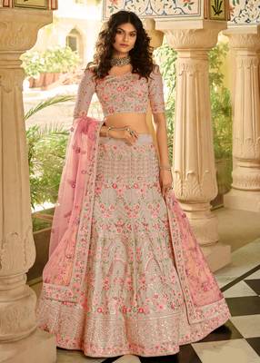Dark-cream sequins, zari, swarovski, zarkan, embroidered art Silk Semi Stitched Lehenga 1