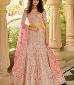 Dark-cream sequins, zari, swarovski, zarkan, embroidered art Silk Semi Stitched Lehenga