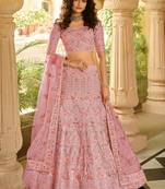 Pink sequins, zari, swarovski, zarkan, embroidered art Silk Semi Stitched Lehenga