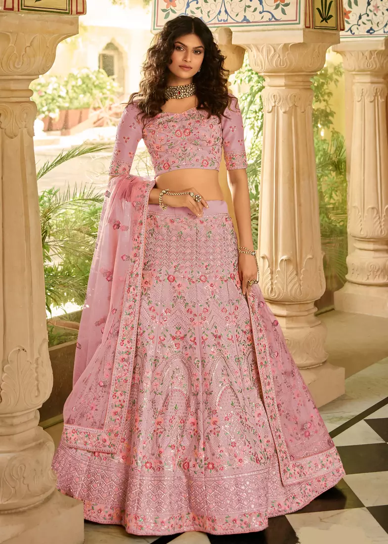 Pink sequins art silk semi stitched lehenga