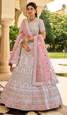 Light-purple zari, dori, thread, zarkan, sequins, embroidered crepe Semi Stitched Lehenga 1