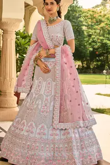 Light-purple thread embroidery crepe semi stitched lehenga