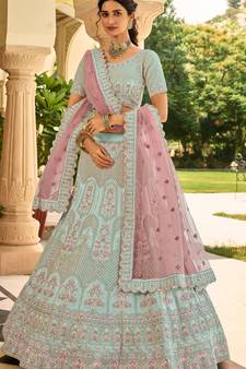 Light-turquoise thread embroidery crepe semi stitched lehenga