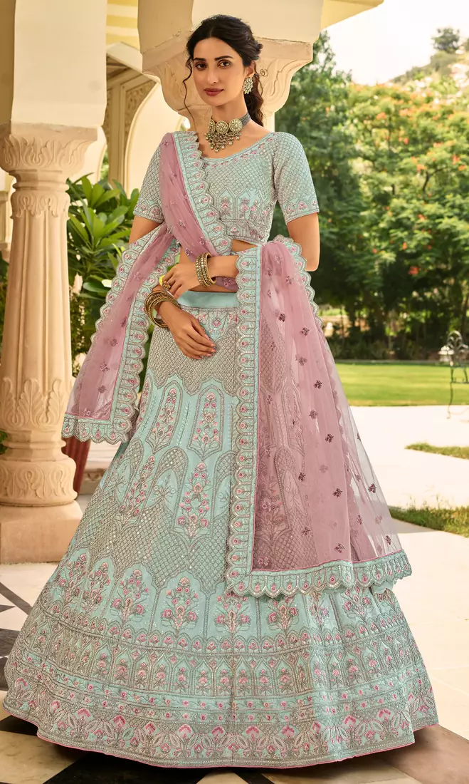 Light-turquoise thread embroidery crepe semi stitched lehenga