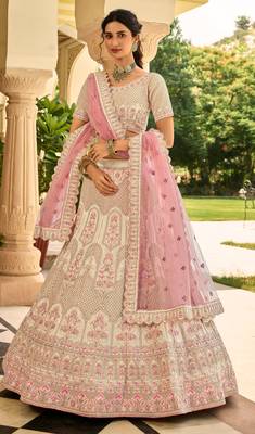 Light-peach zari, dori, thread, zarkan, sequins, embroidered crepe Semi Stitched Lehenga 1