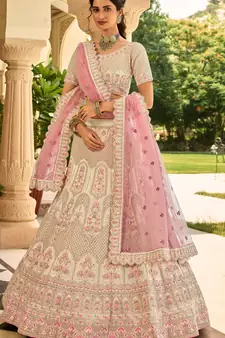 Light-peach thread embroidery crepe semi stitched lehenga