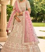Light-peach zari, dori, thread, zarkan, sequins, embroidered crepe Semi Stitched Lehenga