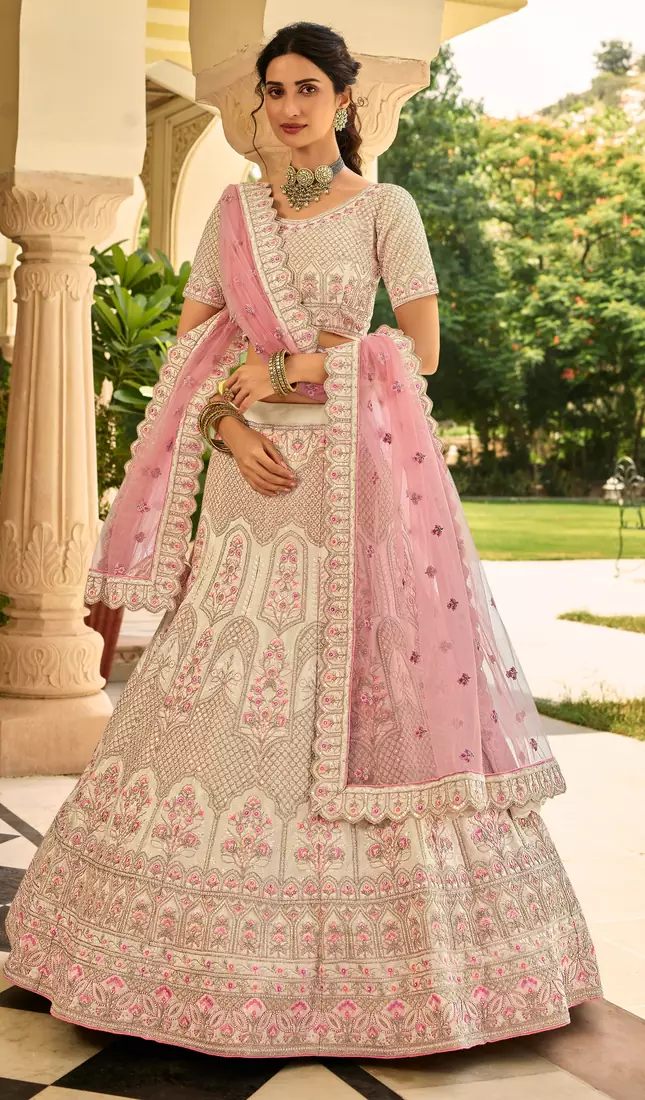 Light-peach thread embroidery crepe semi stitched lehenga