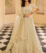 Light-cream Gota, Zarkan, Dori, Embroidered crepeSemi Stitched Lehenga