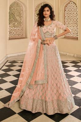 Peach gota patti, zarkan and dori embroidered crepe Semi Stitched Lehenga 1