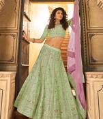 Green zarkan, swarovski, thread, dori, sequins, embroidered organza Semi Stitched Lehenga
