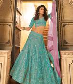 Dark turquoise zarkan sequins embroidered organza Semi Stitched Lehenga