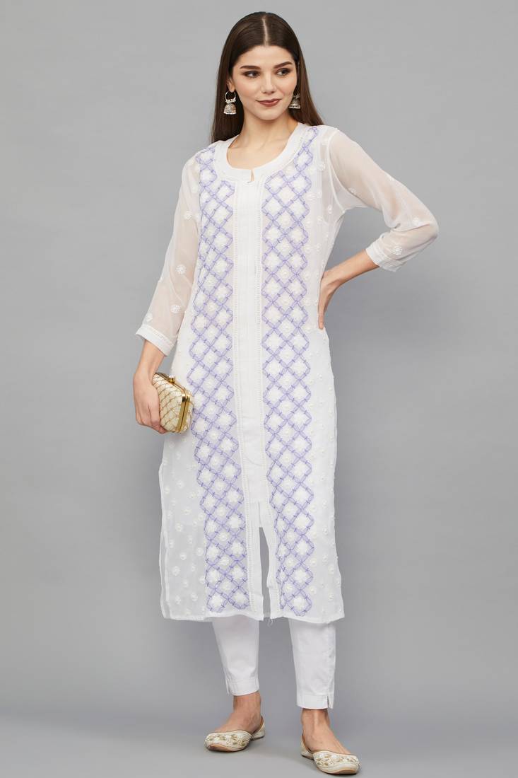 Ethnava Women's Chikankari Hand Embroidered Georgette Frontslit Kurta With Slip