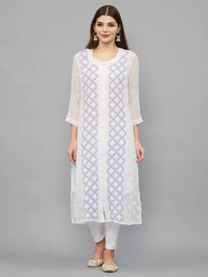 Ethnava Women's Chikankari Hand Embroidered Georgette Frontslit Kurta With Slip 4