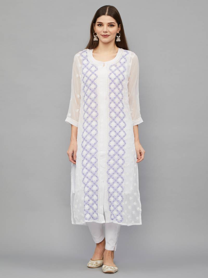 Ethnava Women's Chikankari Hand Embroidered Georgette Frontslit Kurta With Slip