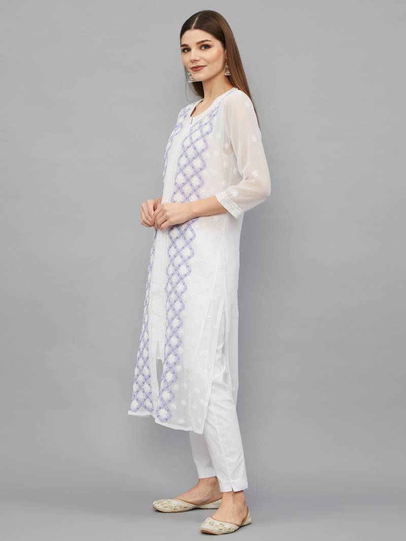Ethnava Women's Chikankari Hand Embroidered Georgette Frontslit Kurta With Slip