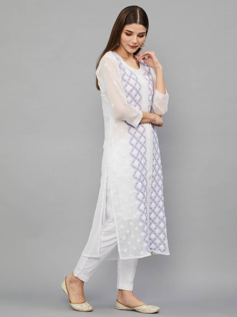 Ethnava Women's Chikankari Hand Embroidered Georgette Frontslit Kurta With Slip