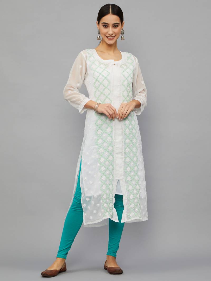 Ethnava Women's Chikankari Hand Embroidered Georgette Frontslit Kurta With Slip